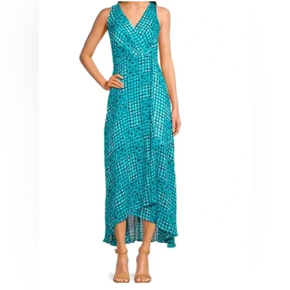 TOMMY HILFIGER V-NECK LINED SURPLICE FAUX-WRAP MAXI DRESS Size 16 Teal White - Picture 1 of 16